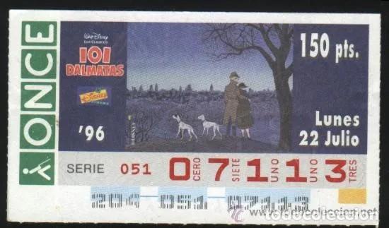 Cupones ONCE: A-8237- CUPON ONCE 22 JULIO 1996. DISNEY. 101 DALMATAS.