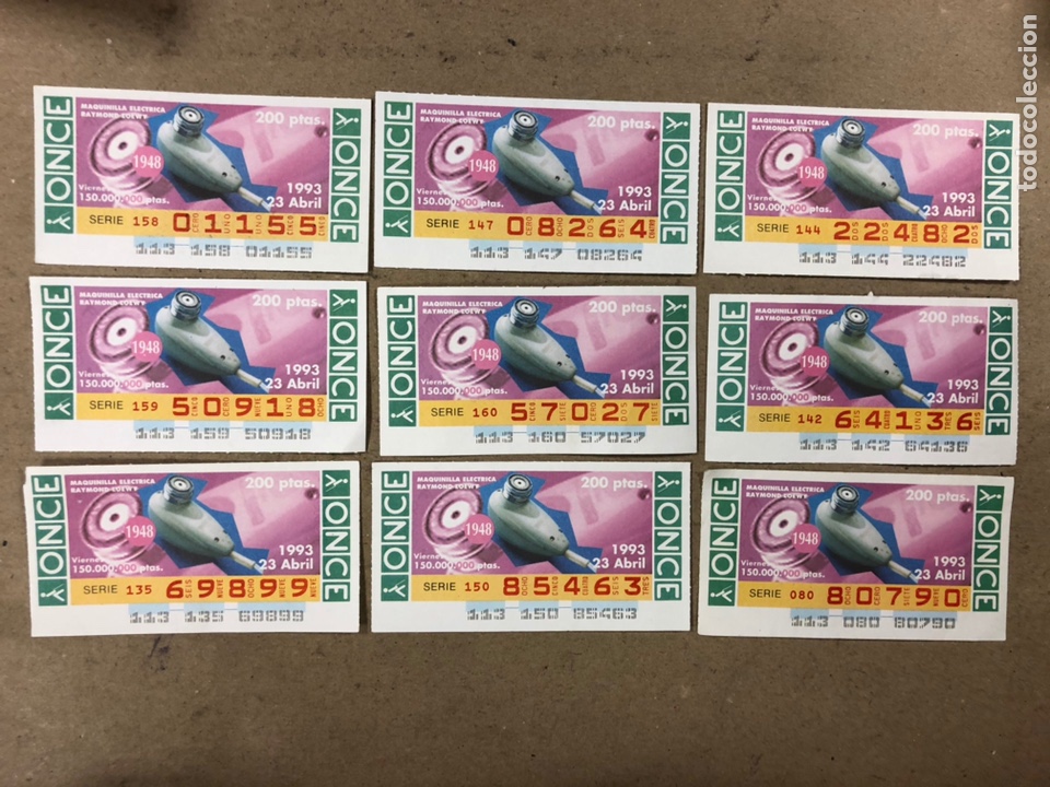 Billets ONCE: LOTE 9 CUPONES LOTER&Iacute;A ONCE, SORTEO 23/4/1993, MAQUINILLA EL&Eacute;CTRICA RAYMOND LOEWY