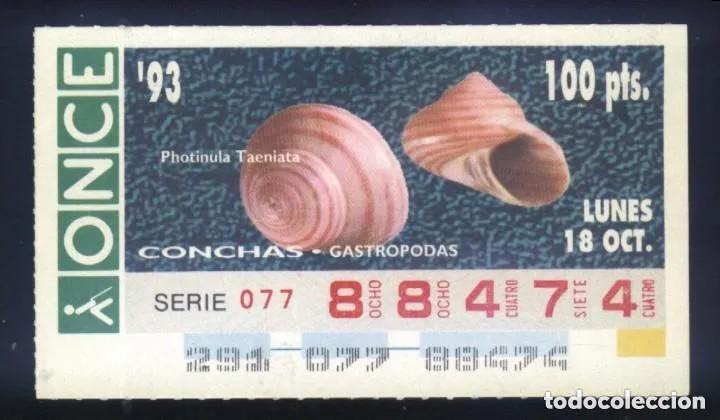 Cupones ONCE: A-8379- CUP&Oacute;N ONCE. 18 OCTUBRE 1993. CONCHAS GASTROPODAS, PHOTICULA TAENIATA.