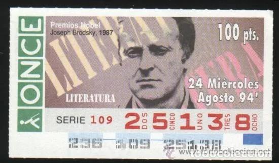 Cupones ONCE: A-8410- CUPON ONCE. 24 AGOSTO 1994. NOBEL DE LITERATURA. JOSEPH BRODSKY