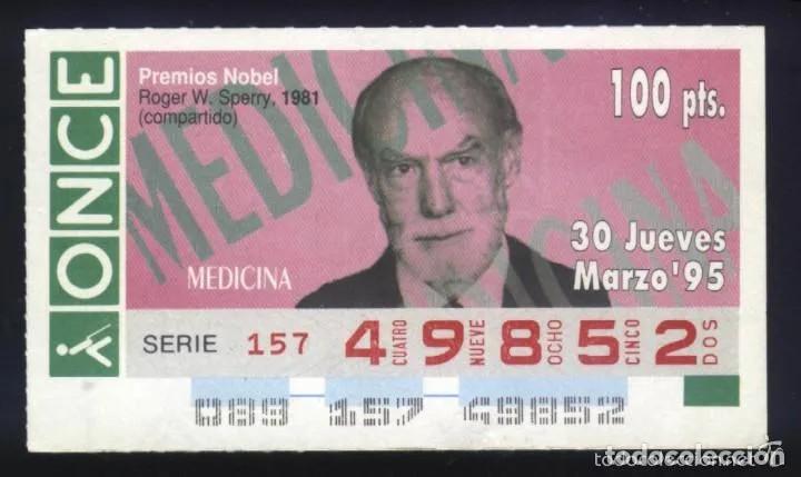Cupones ONCE: A-8419- CUPON ONCE. 30 MARZO 1995. NOBEL MEDICINA. ROGER W. SPERRY.