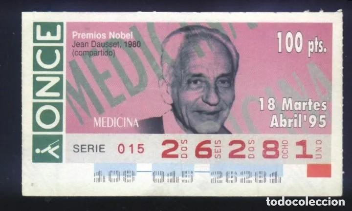 Cupones ONCE: A-8428- CUP&Oacute;N ONCE 18 ABRIL 1995. PREMIO NOBEL MEDICINA 1980. JEAN DAUSSET.