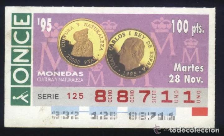 ONCE Coupons: A-8442- CUPON ONCE 28 NOVIEMBRE 1995. MONEDAS. JUAN CARLOS I. CULTURA Y NATURALEZA. DAMA DE ELCHE