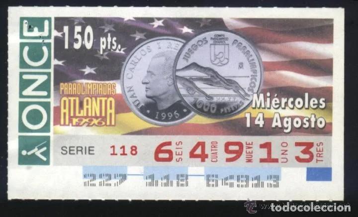Cupones ONCE: A-8517- CUPON ONCE. 14 AGOSTO 1996. JUEGOS PARALIMPICOS DE ATLANTA.