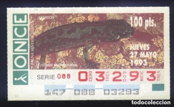 Cupones ONCE: A-8528- CUP&Oacute;N ONCE. 27 MAYO 1993. FAUNA SILVESTRE IB&Eacute;RICA. ANFIBIOS. TRITURUS MARMORATUS.
