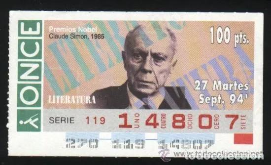 Cupones ONCE: A-8532- CUPON ONCE. 27 SEPTIEMBRE 1994. NOBEL LITERATURA. CLAUDE SIMON