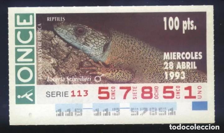 Cupones ONCE: A-8543- CUP&Oacute;N ONCE. 28 ABRIL 1993. FAUNA SILVESTRE IB&Eacute;RICA. REPTILES. LACERTA SCHREIBERI.