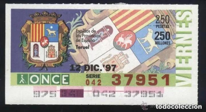 Cupones ONCE: A-8564- CUPON ONCE VIERNES 12 DICIEMBRE 1997. ESCUDO DE TERUEL
