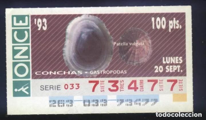 Cupones ONCE: A-8627- CUP&Oacute;N ONCE. 20 SEPTIEMBRE 1993. CONCHAS GASTROPODAS, PATELLA VULGATA.
