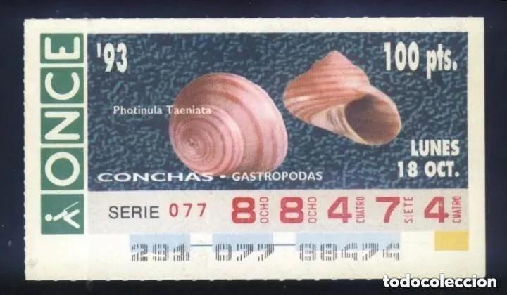 Cupones ONCE: A-8655- CUP&Oacute;N ONCE. 18 OCTUBRE 1993. CONCHAS GASTROPODAS, PHOTICULA TAENIATA.