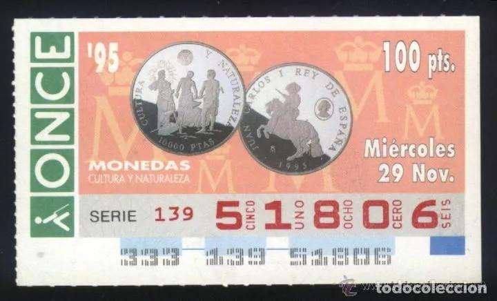 Cupones ONCE: A-8667- CUPON ONCE 29 NOVIEMBRE 1995. MONEDAS. JUAN CARLOS I. CULTURA Y NATURALEZA
