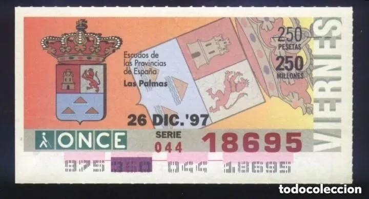 Cupones ONCE: A-8713- CUP&Oacute;N ONCE. 26 DICIEMBRE 1997. ESCUDOS DE PROVINCIAS DE ESPA&Ntilde;A. LAS PALMAS.