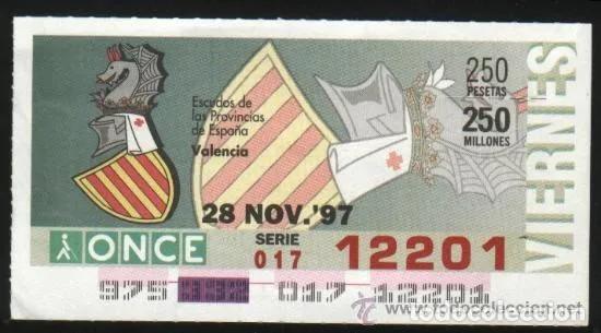 Cupones ONCE: A-8721- CUP&Oacute;N ONCE. VIERNES 28 NOVIEMBRE 1997. ESCUDO DE VALENCIA.