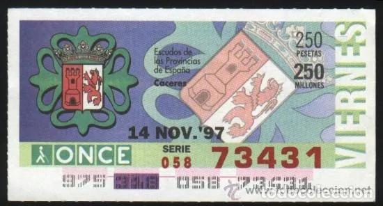 Cupones ONCE: A-8728- CUP&Oacute;N ONCE. 14 NOVIEMBRE 1997. ESCUDO DE C&Aacute;CERES.