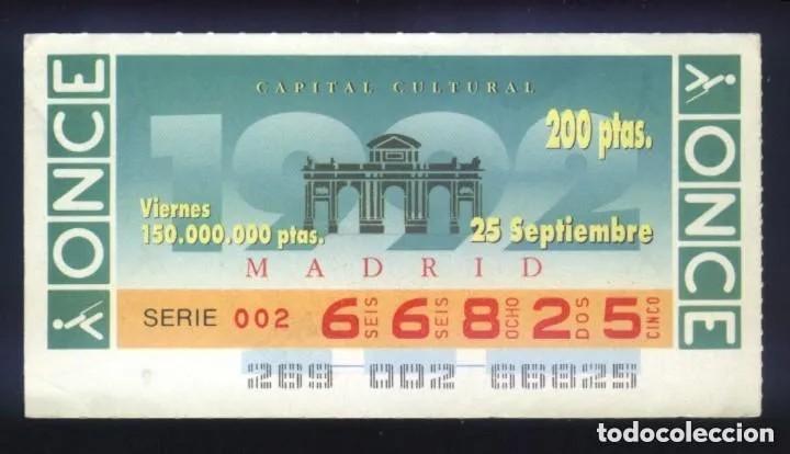 Cupones ONCE: A-8743- CUP&Oacute;N ONCE. VIERNES 25 SEPTIEMBRE 1992. MADRID CAPITAL CULTURAL.
