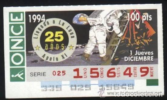 Cupones ONCE: A-8774- CUPON ONCE. 1 DICIEMBRE 1994. 25 A&Ntilde;OS DE LA LLEGADA A LA LUNA DEL APOLO XI.