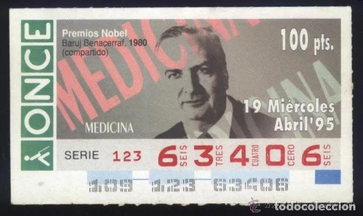 Cupones ONCE: A-8797- CUP&Oacute;N ONCE 19 ABRIL 1995. NOBEL MEDICINA. BARUJ BENACERRAF.