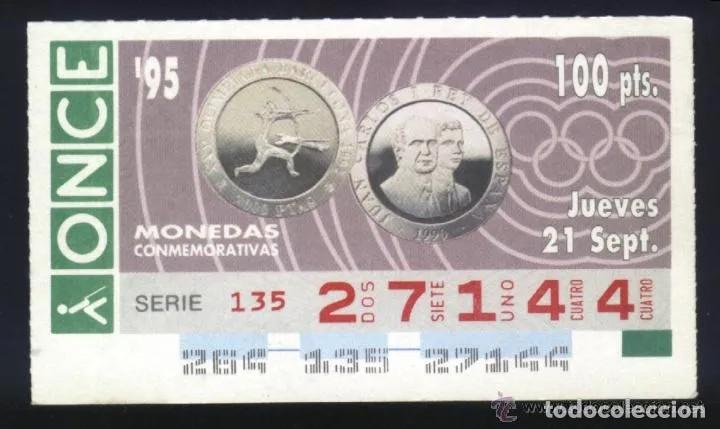 Cupones ONCE: A-8825- CUP&Oacute;N ONCE 21 SEPTIEMBRE 1995. MONEDAS. JUAN CARLOS I. CONMEMORATIVAS. OLIMPIADA BARCELONA.