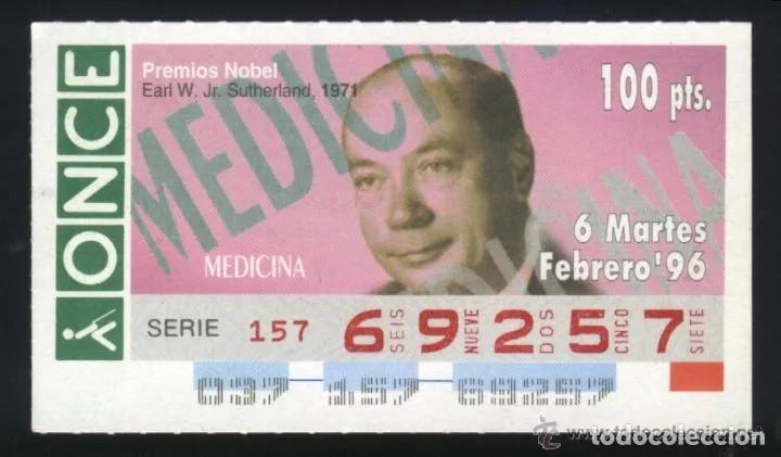 Cupones ONCE: A-8840- CUP&Oacute;N ONCE 6 FEBRERO 1996. NOBEL MEDICINA EARL W. JR. SUTHERLAND