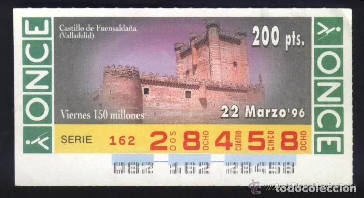 Cupones ONCE: A-8843- CUPON ONCE 22 MARZO 1996. CASTILLO DE FUENSALDA&Ntilde;A (VALLADOLID)