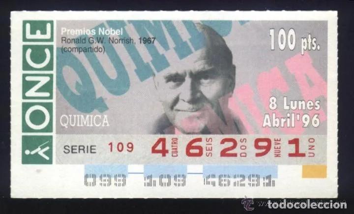Cupones ONCE: A-8847- CUP&Oacute;N ONCE 8 ABRIL 1996. NOBEL QU&Iacute;MICA RONALD G. W. NORRISH.