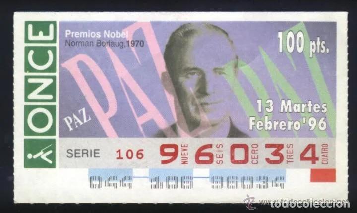 Cupones ONCE: A-8853- CUP&Oacute;N ONCE. 13 FEBRERO 1996. NOBEL DE LA PAZ. NORMAN BORLAUG.