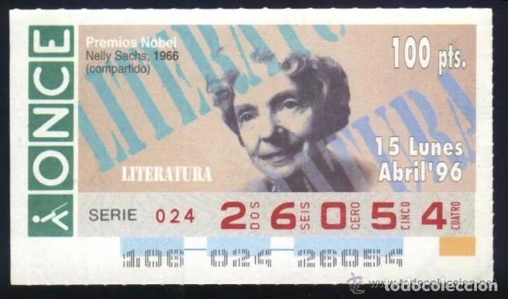 ONCE Coupons: A-8857- CUP&Oacute;N ONCE 15 ABRIL 1996. NOBEL LITERATURA. NELLY SACHS.