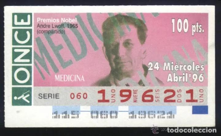 Cupones ONCE: A-8872- CUP&Oacute;N ONCE 24 ABRIL 1996. NOBEL MEDICINA. ANDRE LWOFF.