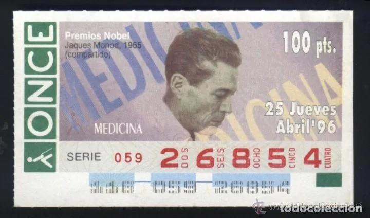 Cupones ONCE: A-8876- CUP&Oacute;N ONCE 25 ABRIL 1996. NOBEL MEDICINA. JACQUES MONOD.