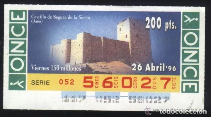 Cupones ONCE: A-8878- CUP&Oacute;N ONCE. VIERNES 26 ABRIL 1996. CASTILLO DE SEGURA DE LA SIERRA (JAEN)