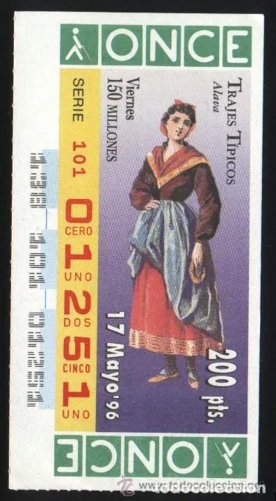Cupones ONCE: A-8882- CUP&Oacute;N ONCE. VIERNES  17 MAYO 1996. TRAJE T&Iacute;PICO DE ALAVA.