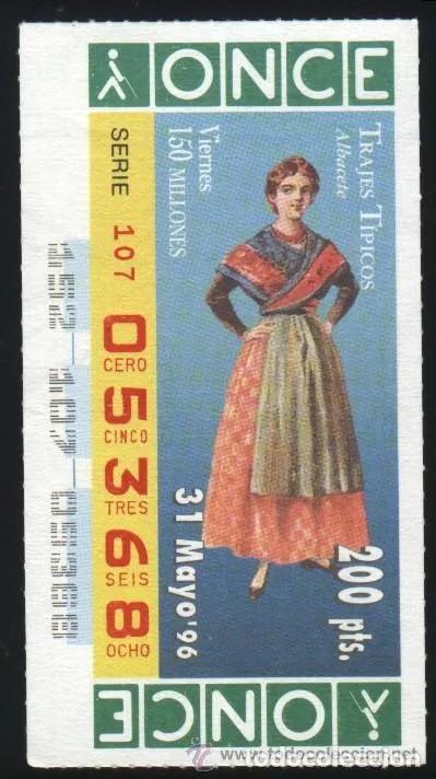 Cupones ONCE: A-8885- CUPON ONCE. VIERNES 31 MAYO 1996. TRAJE TIPICO DE ALBACETE