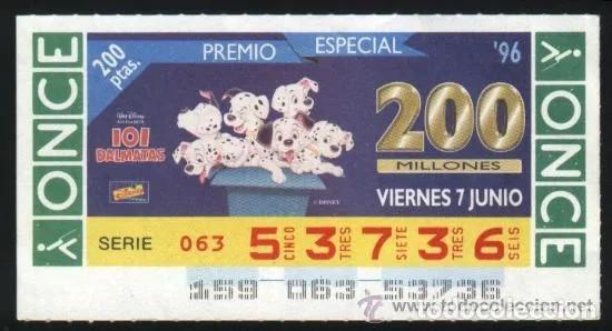 Cupones ONCE: A-8890- CUP&Oacute;N ONCE VIERNES 7 JUNIO 1996. DISNEY. 101 DALMATAS.
