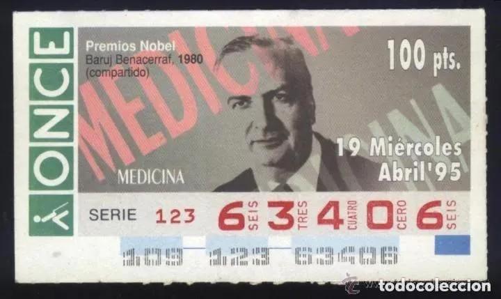 ONCE Coupons: A-8897- CUP&Oacute;N ONCE 19 ABRIL 1995. NOBEL MEDICINA. BARUJ BENACERRAF.