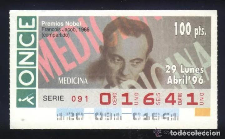 ONCE Coupons: A-8898- CUP&Oacute;N ONCE 29 ABRIL 1996. NOBEL MEDICINA. FRANCOIS JACOB