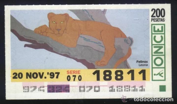 Cupones ONCE: A-8944- CUPON ONCE 20 NOVIEMBRE 1997. FELINOS. LEONA