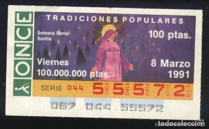 Cupones ONCE: A-8945- CUP&Oacute;N ONCE VIERNES 8 MARZO 1991. TRADICIONES POPULARES. SEMANA SANTA (SEVILLA)