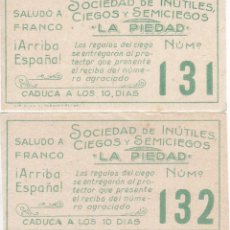 Cupones ONCE: 2 CUPONES CORRELATIVOS SOCIEDAD DE INUTILES, CIEGOS Y SEMICIEGOS DE LA PIEDAD ALCOY SALUDO A FRANCO. Lote 197182726