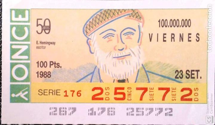 Cupones ONCE: Espa&ntilde;a. ONCE. 1988. 50 A&ntilde;os. E. Hemingway. Fecha: 23 Sep.