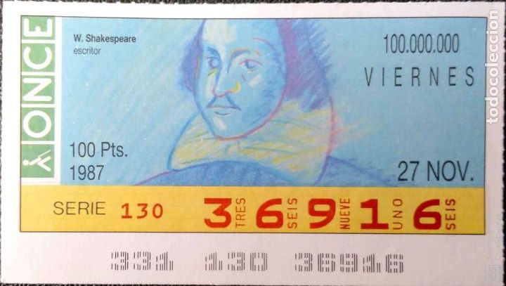 Cupones ONCE: Espa&ntilde;a. ONCE. 1987. 50 A&ntilde;os. W. Shakespeare, escritor. Fecha: 27 noviembre