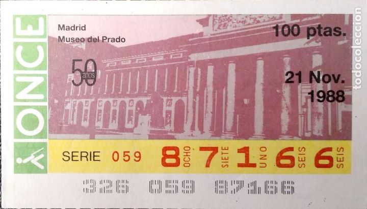 Cupones ONCE: Espa&ntilde;a. ONCE. 1988. 50 A&ntilde;os: Madrid. Museo del Prado. Fecha: 21 Nov.