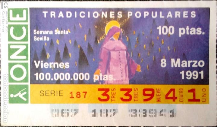 ONCE Coupons: Espa&ntilde;a. ONCE. 1991. Tradiciones Populares: Semana Santa. Sevilla. Fecha: 8 Marzo.