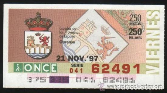 Billets ONCE: A-9012- CUP&Oacute;N ONCE 21 NOVIEMBRE 1997. ESCUDO DE OURENSE.