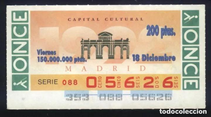 Bilhetes ONCE: A-9021- CUP&Oacute;N ONCE VIERNES 18 DICIEMBRE 1992. MADRID CAPITAL CULTURAL.