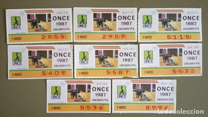 ONCE Coupons: Lote 8 Cupones ONCE 9 Marzo 1987. N&uacute;meros diferentes. Tauromaquia