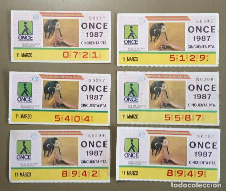 ONCE Coupons: Lote 6 Cupones ONCE 11 Marzo 1987. N&uacute;meros diferentes. Tauromaquia