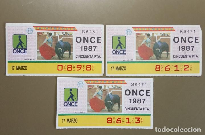 ONCE Coupons: Lote 3 Cupones ONCE 17 Marzo 1987. N&uacute;meros diferentes. Tauromaquia