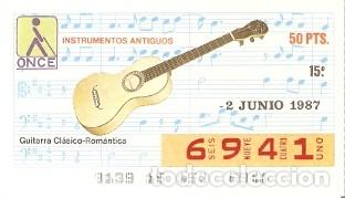 Cupones ONCE: Cup&oacute;n Once de 2-6-87. Instrumentos Antiguos. Guitarra Cl&aacute;sico-Rom&aacute;ntica. ref. 8-870602