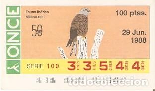 Cupones ONCE: Cup&oacute;n Once de 29-06-88. Fauna Ib&eacute;rica. Milano Real. ref. 8-290688