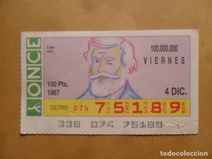 Cupones ONCE: CUPON O.N.C.E. - N&ordm; 75189 - VIERNES 4 DICIEMBRE 1987 - MUSICO. GIUSEPPE VERDI